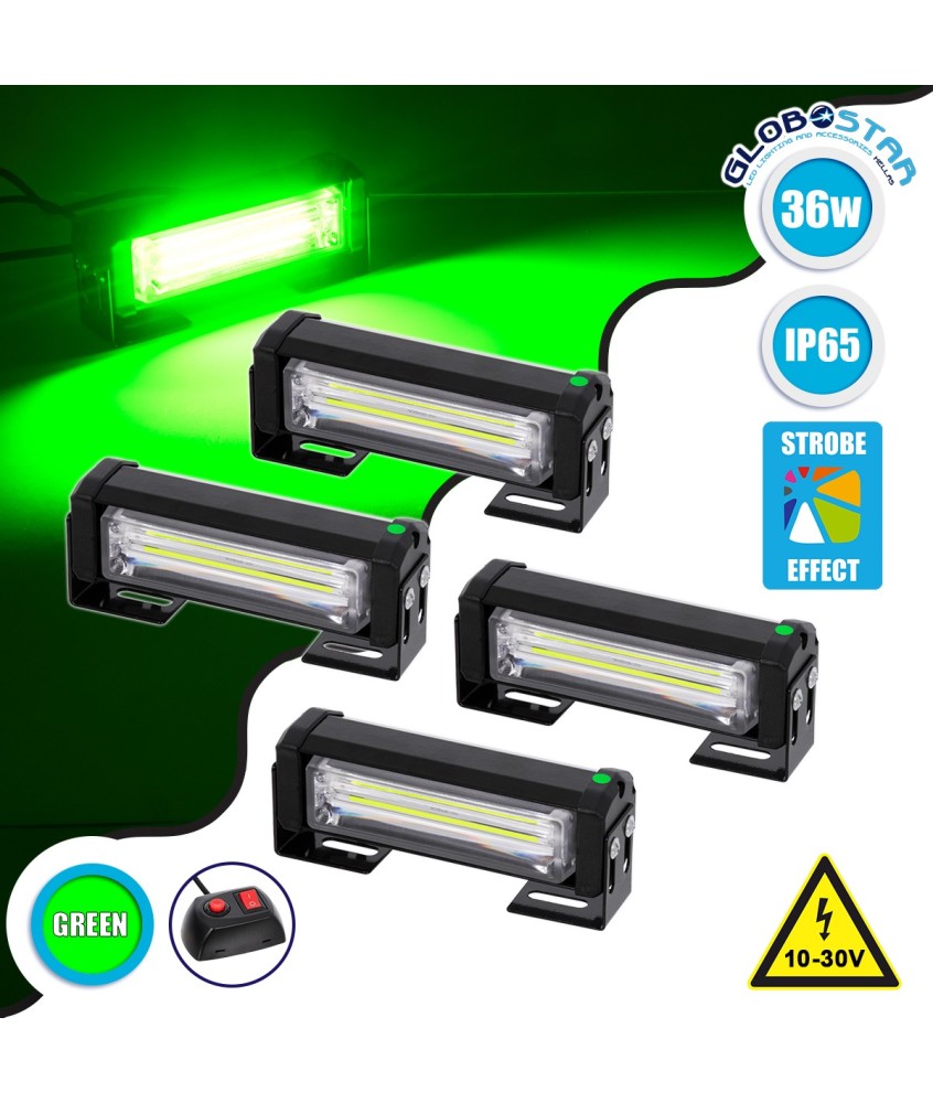 GloboStar® 85031 PRO Series ΣΕΤ 4 x Μπάρες Σήμανσης Οχήματος Πυροσβεστικής για Αυτοκίνητα & Φορτηγά 13 Προγραμμάτων Φωτισμού STROBE LED CREE CXB COB 36W DC 10-30V Αδιάβροχο IP65 Πράσινο